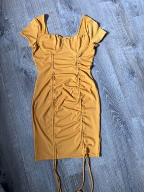 Almost Famous Mustard Yellow Ruched Bodycon Mini Dress